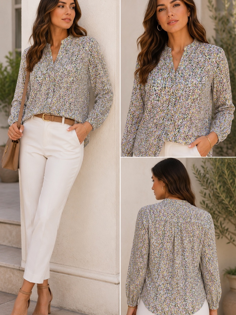 Liz Claiborne Petite Floral Button-Front Blouse | Long Sleeve | PL (1397)